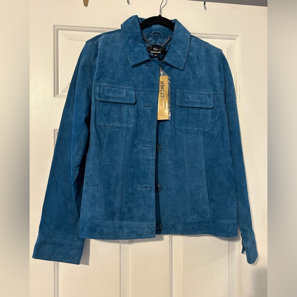 Dennis Basso washable blue suede jacket. Size L. NWT